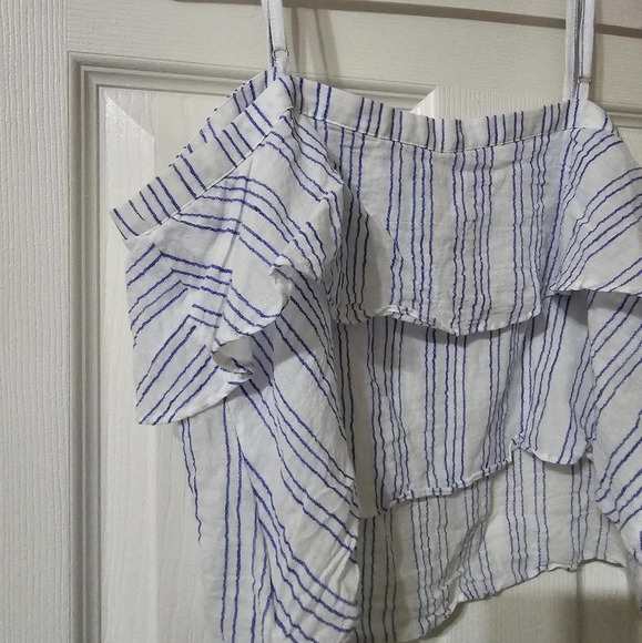 Avec Les Filles Tiered Ruffle Cropped Tank Top, Cotton/Linen Blend, Striped, EUC - Picture 8 of 11